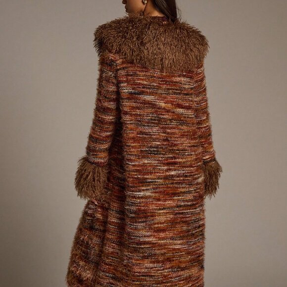 Multicolor Bohemian Women's fuzzy Collar & Cuffs Long Striped sweater Cardigan - Picture 2 of 7